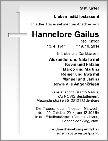Traueranzeige von Hannelore Gailus von Nordwest-Zeitung