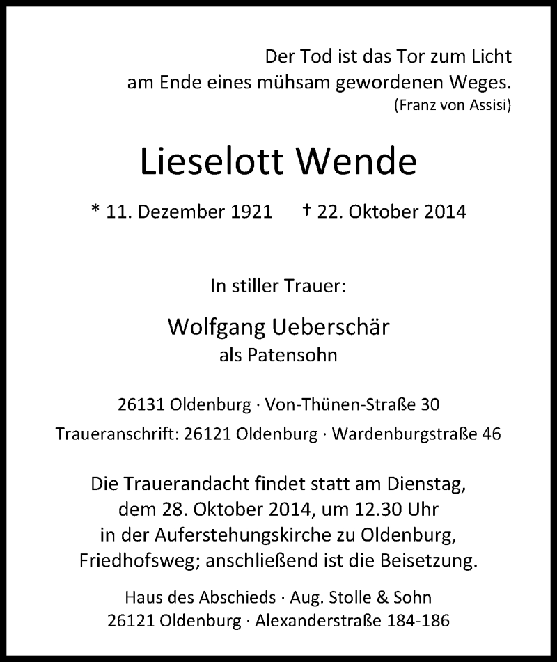  Traueranzeige für Lieselott Wende vom 25.10.2014 aus Nordwest-Zeitung