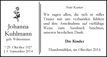 Traueranzeige von Johanna Kuhlmann von Nordwest-Zeitung