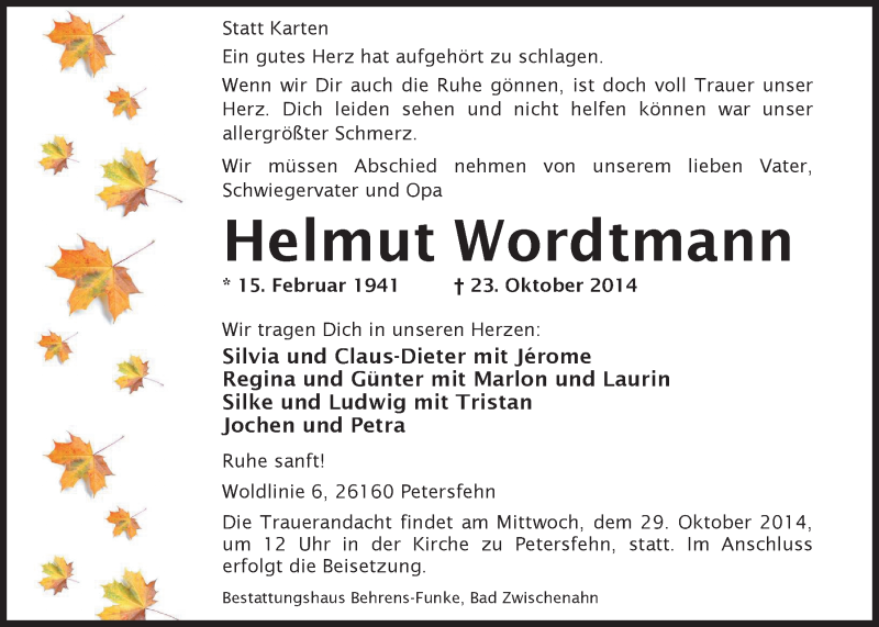  Traueranzeige für Helmut Wordtmann vom 25.10.2014 aus Nordwest-Zeitung