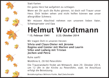 Traueranzeige von Helmut Wordtmann von Nordwest-Zeitung