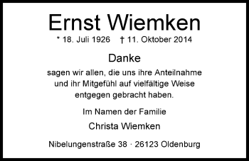 Traueranzeige von Ernst Wiemken von Nordwest-Zeitung