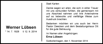 Traueranzeige von Werner Lübsen von Nordwest-Zeitung
