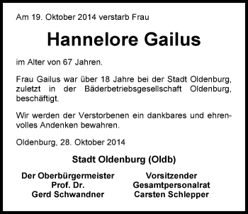 Traueranzeige von Hannelore Gailus von Nordwest-Zeitung
