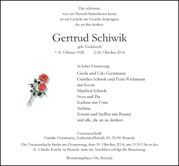 Traueranzeige von Gertrud Schiwik von Nordwest-Zeitung