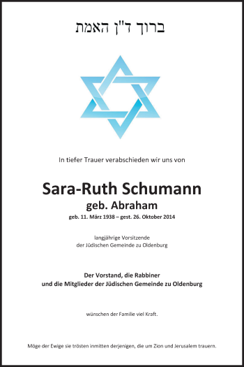 Traueranzeige von Sara-Ruth Schumann von Nordwest-Zeitung