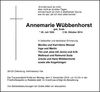 Traueranzeige von Annemarie Wübbenhorst von Nordwest-Zeitung