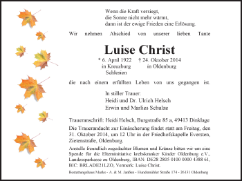 Traueranzeige von Luise Christ von Nordwest-Zeitung