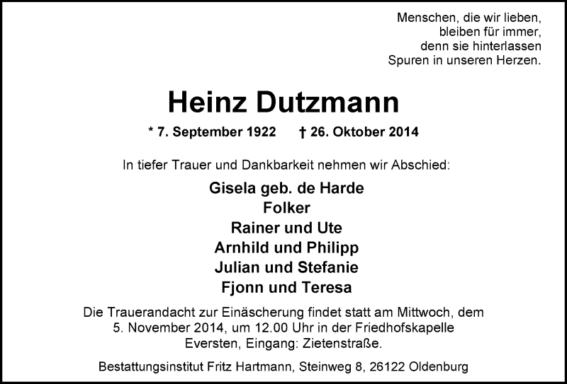  Traueranzeige für Heinz Dutzmann vom 29.10.2014 aus Nordwest-Zeitung
