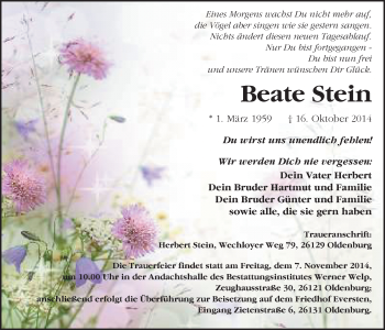 Traueranzeige von Beate Stein von Nordwest-Zeitung