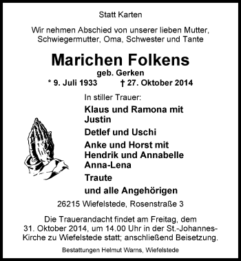 Traueranzeige von Marichen Folkens von Nordwest-Zeitung