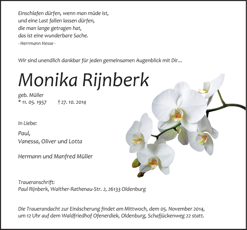  Traueranzeige für Monika Rijnberk vom 30.10.2014 aus Nordwest-Zeitung