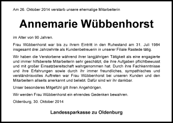 Traueranzeige von Annemarie Wübbenhorst von Nordwest-Zeitung