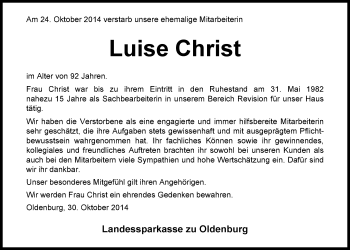 Traueranzeige von Luise Christ von Nordwest-Zeitung