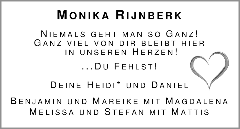  Traueranzeige für Monika Rijnberk vom 30.10.2014 aus Nordwest-Zeitung