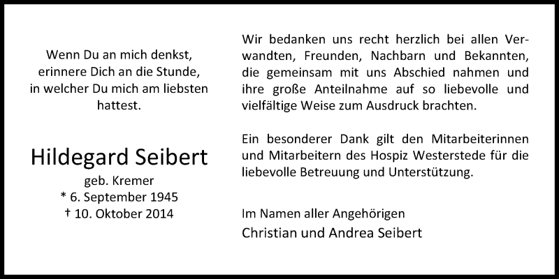  Traueranzeige für Hildegard Seibert vom 08.11.2014 aus Nordwest-Zeitung