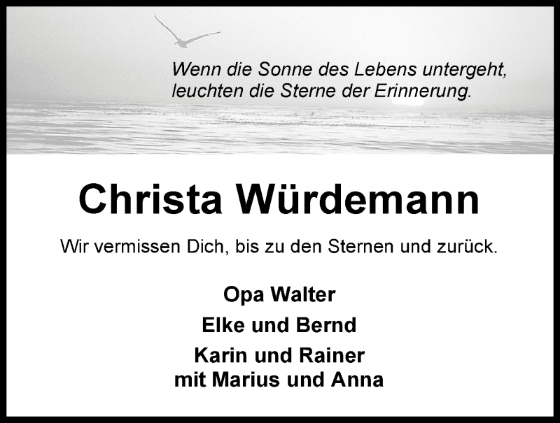  Traueranzeige für Christa Würdemann vom 31.10.2014 aus Nordwest-Zeitung