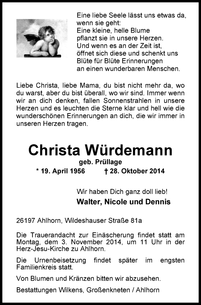  Traueranzeige für Christa Würdemann vom 31.10.2014 aus Nordwest-Zeitung