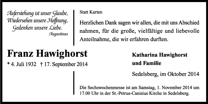  Traueranzeige für Franz Hawighorst  vom 31.10.2014 aus Nordwest-Zeitung