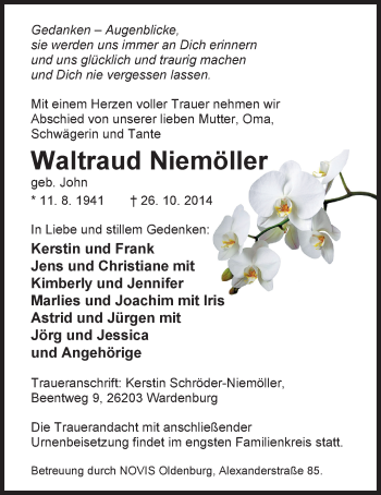 Traueranzeige von Waltraud Niemöller von Nordwest-Zeitung