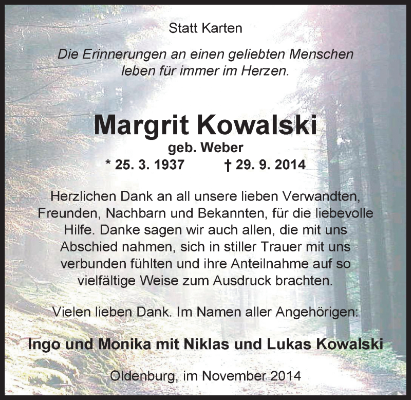  Traueranzeige für Margrit Kowalski vom 01.11.2014 aus Nordwest-Zeitung