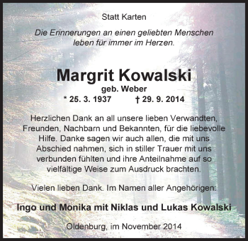 Traueranzeige von Margrit Kowalski von Nordwest-Zeitung