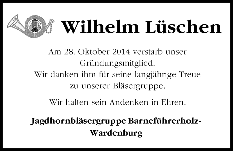  Traueranzeige für Wilhelm Lüschen vom 31.10.2014 aus Nordwest-Zeitung