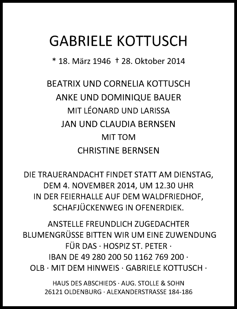  Traueranzeige für Gabriele Kottusch vom 31.10.2014 aus Nordwest-Zeitung