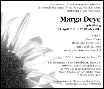 Traueranzeige von Marga Deye von Nordwest-Zeitung