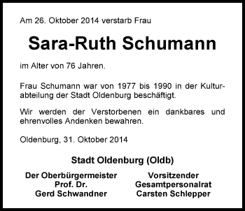 Traueranzeige von Sara-Ruth Schumann von Nordwest-Zeitung
