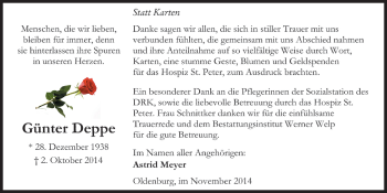 Traueranzeige von Günter Deppe von Nordwest-Zeitung