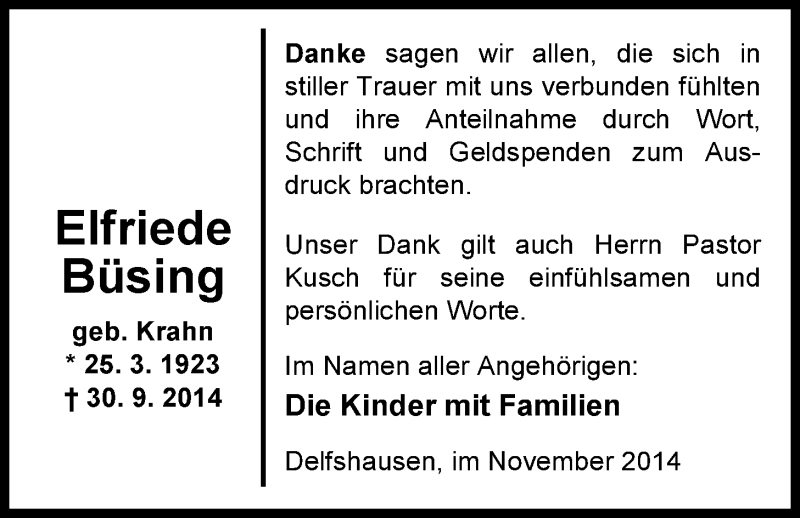  Traueranzeige für Elfriede Büsing vom 01.11.2014 aus Nordwest-Zeitung