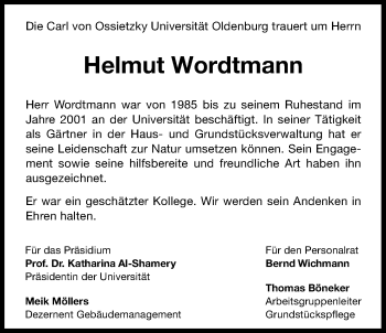 Traueranzeige von Helmut Wordtmann von Nordwest-Zeitung