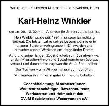 Traueranzeige von Karl-Heinz Winkler von Nordwest-Zeitung