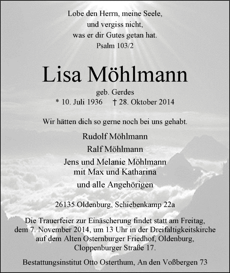 Traueranzeige für Lisa Möhlmann vom 01.11.2014 aus Nordwest-Zeitung