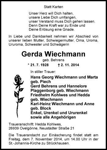 Traueranzeige von Gerda Wiechmann von Nordwest-Zeitung