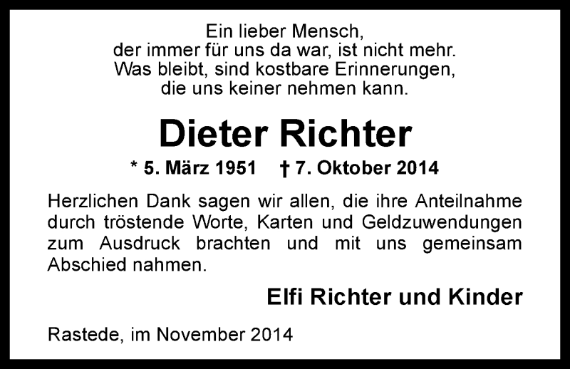  Traueranzeige für Dieter Richter vom 08.11.2014 aus Nordwest-Zeitung
