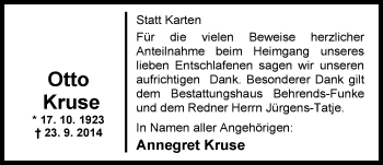 Traueranzeige von Otto Kruse von Nordwest-Zeitung
