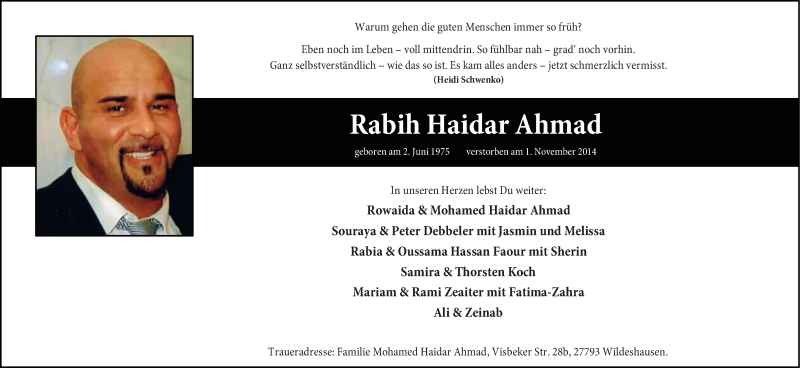  Traueranzeige für Rabih Haidar Ahmad vom 04.11.2014 aus Nordwest-Zeitung