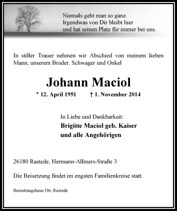 Traueranzeige von Johann Maciol von Nordwest-Zeitung
