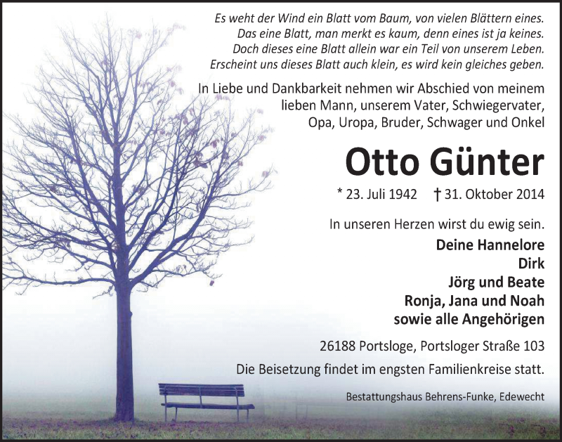  Traueranzeige für Otto Günter vom 05.11.2014 aus Nordwest-Zeitung