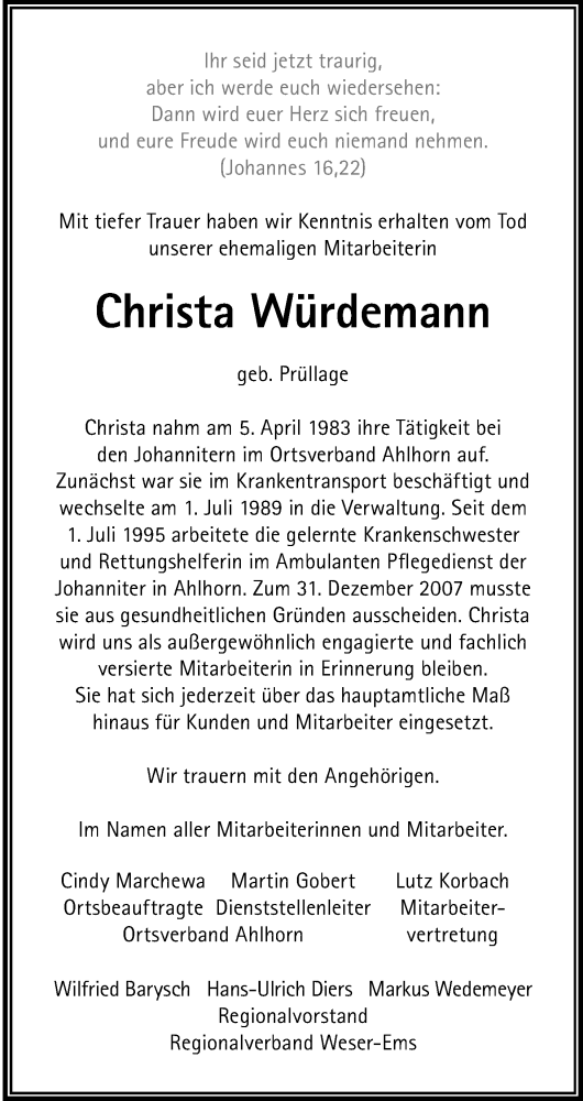  Traueranzeige für Christa Würdemann vom 05.11.2014 aus Nordwest-Zeitung
