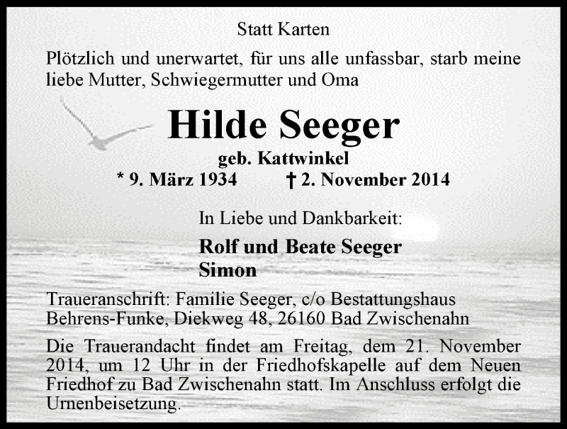  Traueranzeige für Hilde Seeger vom 06.11.2014 aus Nordwest-Zeitung