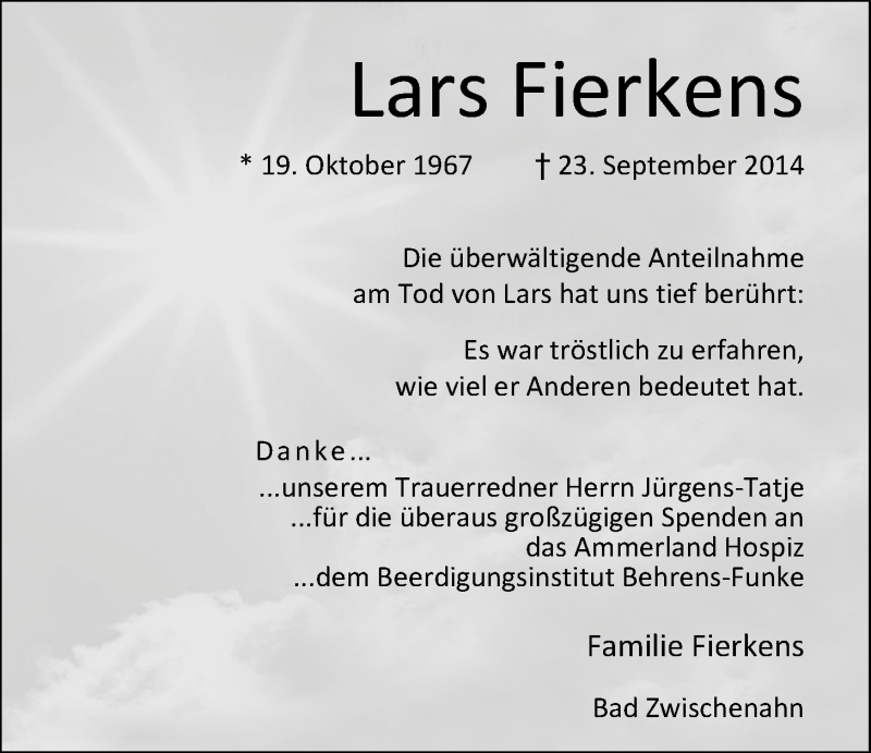  Traueranzeige für Lars Fierkens vom 08.11.2014 aus Nordwest-Zeitung