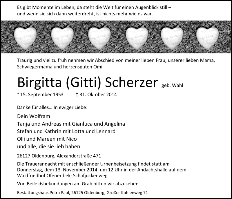  Traueranzeige für Birgitta Scherzer vom 08.11.2014 aus Nordwest-Zeitung