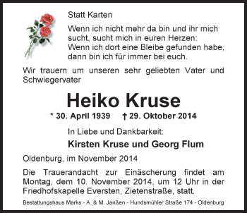 Traueranzeige von Heiko Kruse von Nordwest-Zeitung