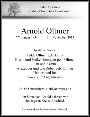 Traueranzeige von Arnold Oltmer von Nordwest-Zeitung
