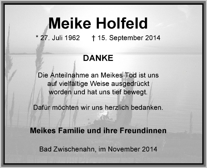  Traueranzeige für Meike Holfeld vom 08.11.2014 aus Nordwest-Zeitung
