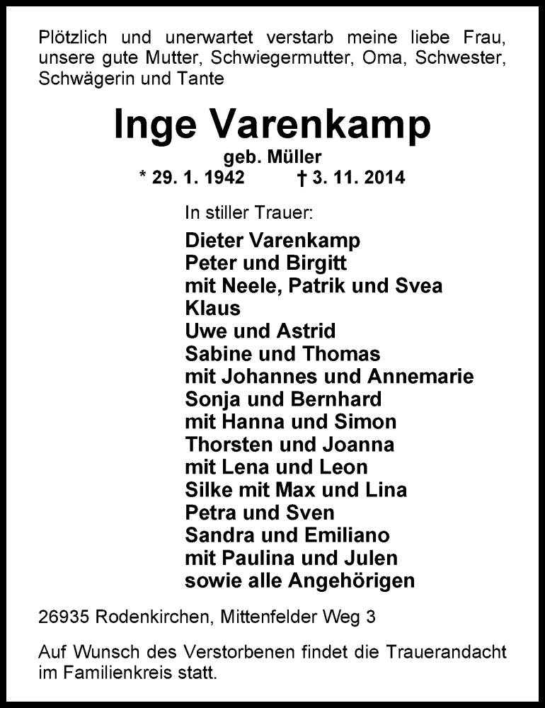  Traueranzeige für Inge Varenkamp vom 06.11.2014 aus Nordwest-Zeitung