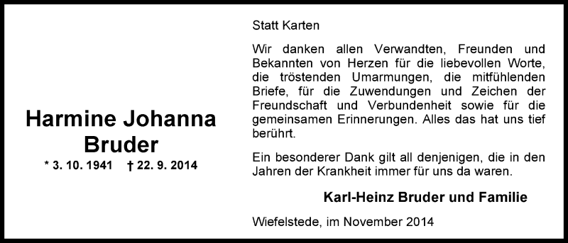  Traueranzeige für Harmine Johanna Bruder vom 08.11.2014 aus Nordwest-Zeitung